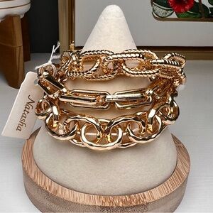 Natasha Chunky Gold Chain Bracelet Trio Stack Modern Bold Glam Fashion Forward